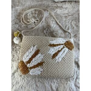 Vtg Raffia Straw Bag Floral Embroidered Woven Boho Coastal Grandma 8x11 Cotton